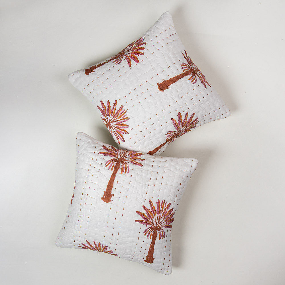 Luxury Brown Palm Tree Printed Kantha Quilted Cushion Pattern